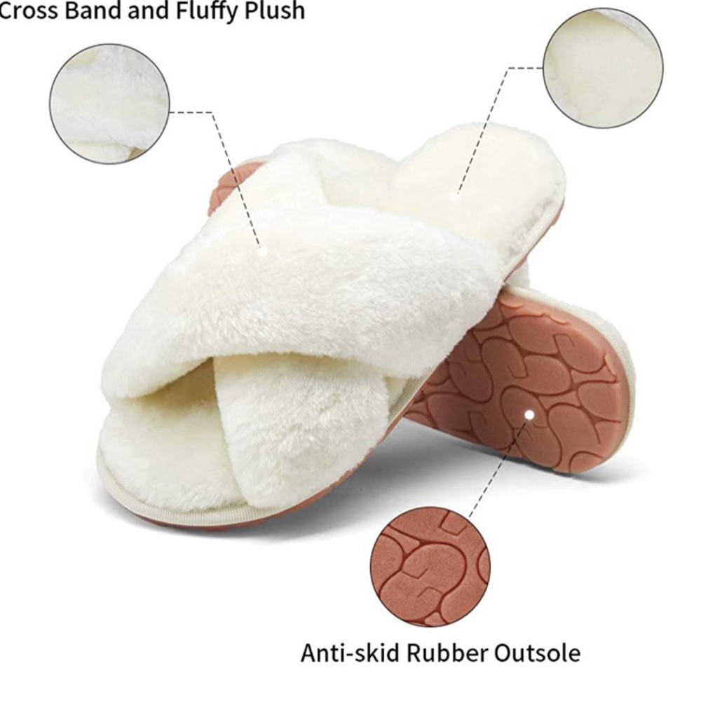 Vepose Women's Cross Band Slippers Soft Plush Furry Size 5.5 BEIGE BNWT